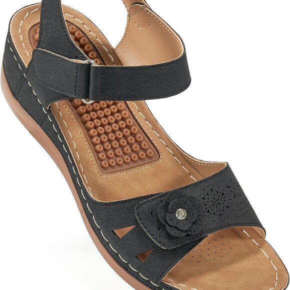 Orthopedic Women's Wedge Sandals Faux Leather Adjustable Comfort Support Casual - Picture 1 of 5